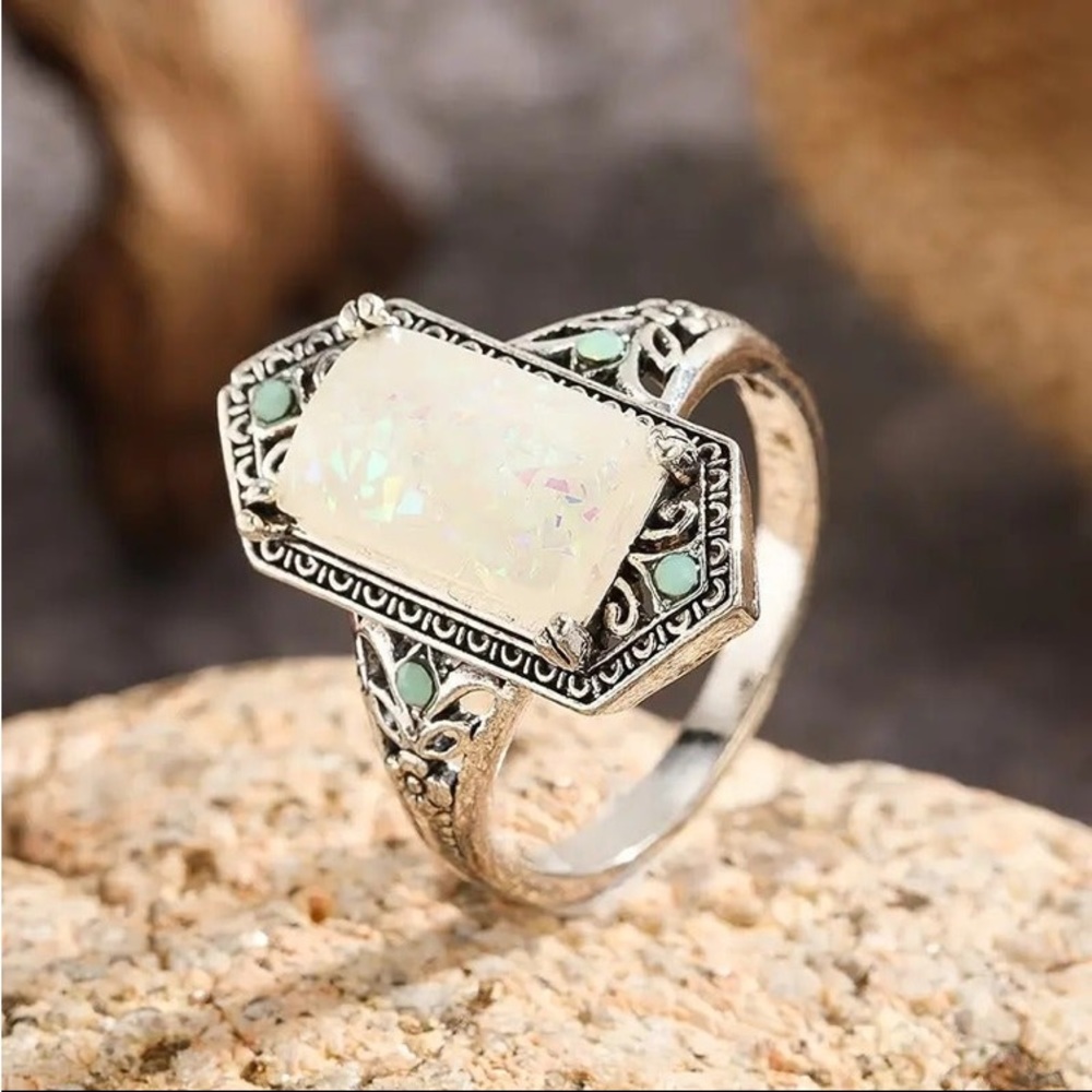Square Center White Imitation Opal Antique Silvertone Hexagon Ring Size 8